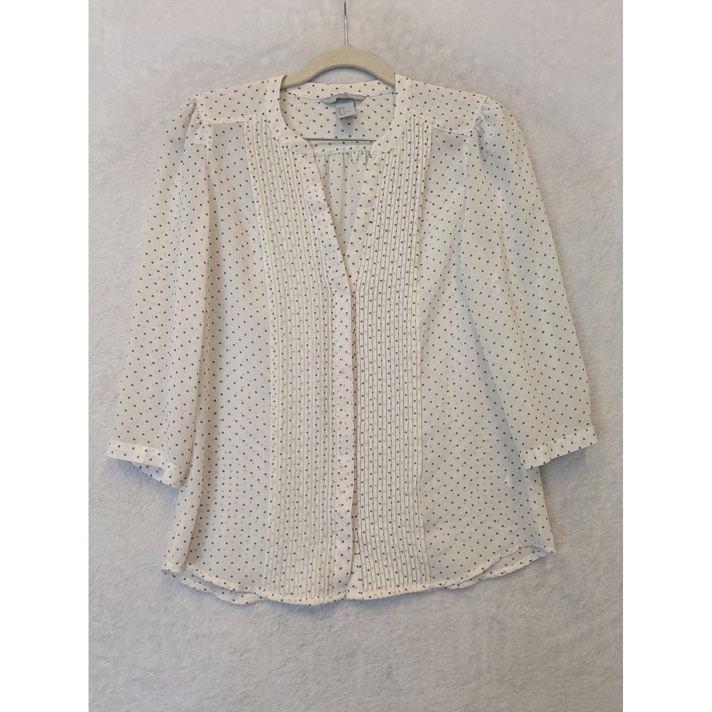 H&M Women's Size 4 White Polka‎ Dot Blouse Pleated Front 3/4 Sleeve